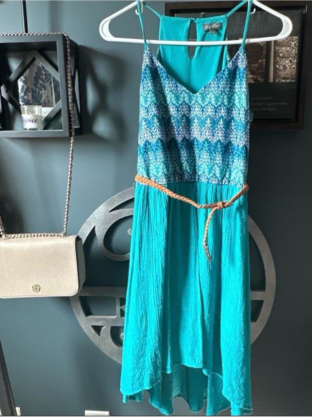 Lily Rose Teal Patterned High-Low Spaghetti Strap Dress